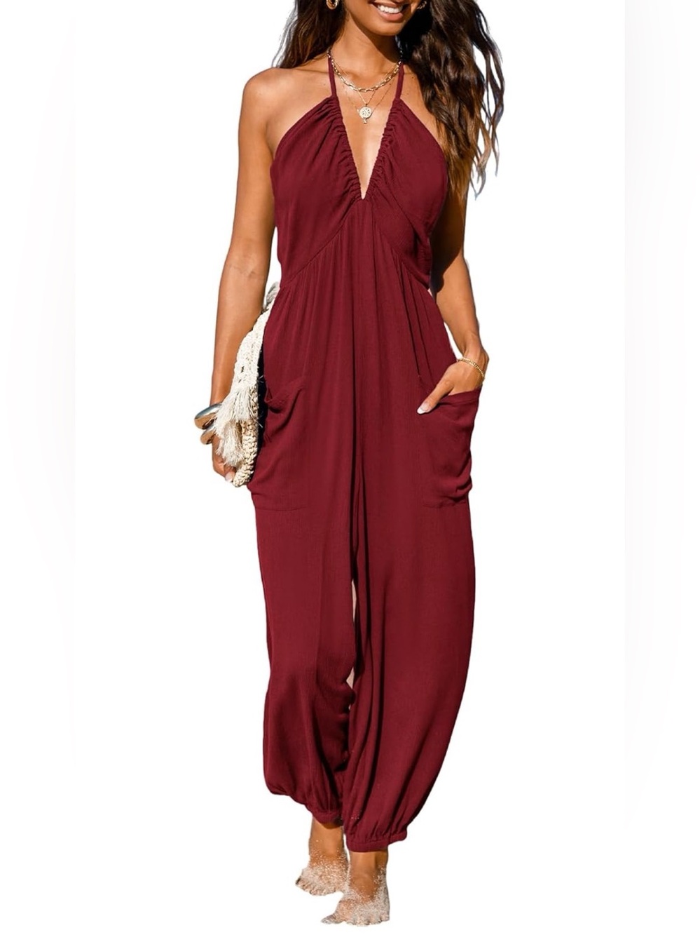 Cupshe Halter Neck Burgundy Jumpsuit XXL